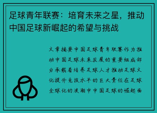 足球青年联赛：培育未来之星，推动中国足球新崛起的希望与挑战
