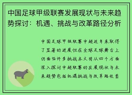 中国足球甲级联赛发展现状与未来趋势探讨：机遇、挑战与改革路径分析
